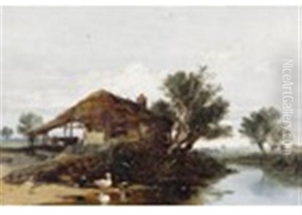 A Barn With Cattle By A River, Ducks On The Shore Oil Painting by William James Mueller