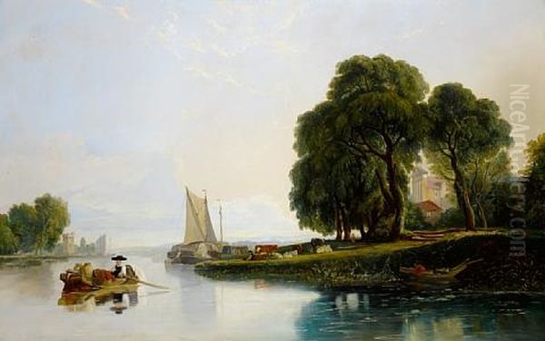 River Landscape With Figure In Boat (+ Another, Pencil; 2 Works) Oil Painting by William James Mueller