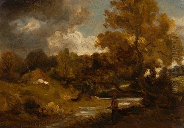 Angler On The River In Autumn Oil Painting by William James Mueller