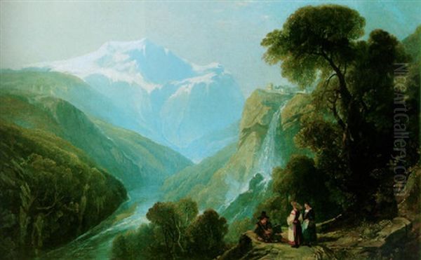 Scene On The Via Mala, Switzerland, With Mont Blanc In The Distance Oil Painting by William James Mueller