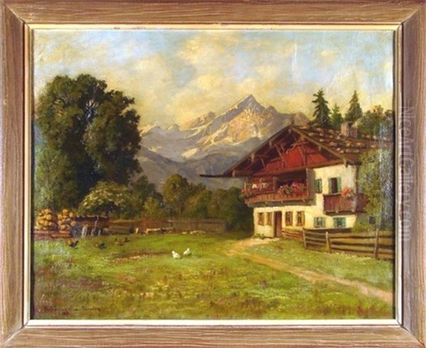 Mountain Farmhouse Oil Painting by Carl Mueller-Baumgarten