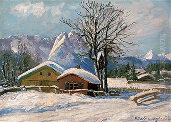 Verschneite Bayerische Gehofte Vor Aufragendem Gebirgsmassiv An Einem Sonnigen Tag Oil Painting by Carl Mueller-Baumgarten
