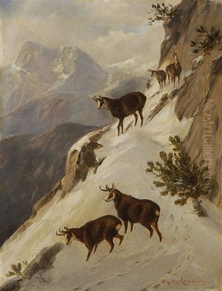 Gamsen Im Winterlichen Gebirge Oil Painting by Ludwig Mueller-Cornelius