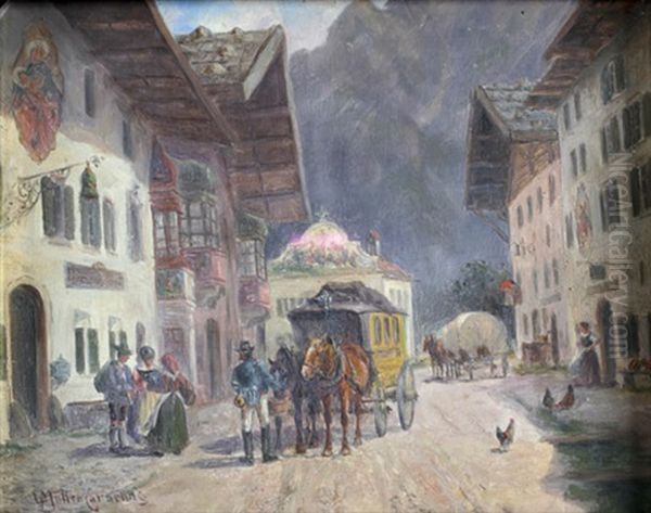 Dorfstrase Mit Rastender Postkutsche Vor Einem Gasthaus Oil Painting by Ludwig Mueller-Cornelius