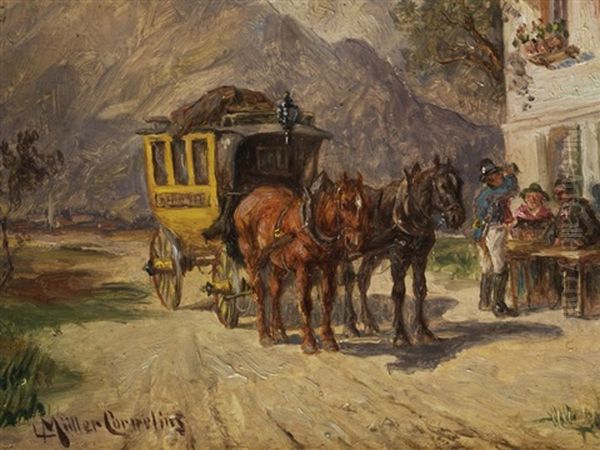 Postkutsche Vor Einem Wirtshaus Oil Painting by Ludwig Mueller-Cornelius