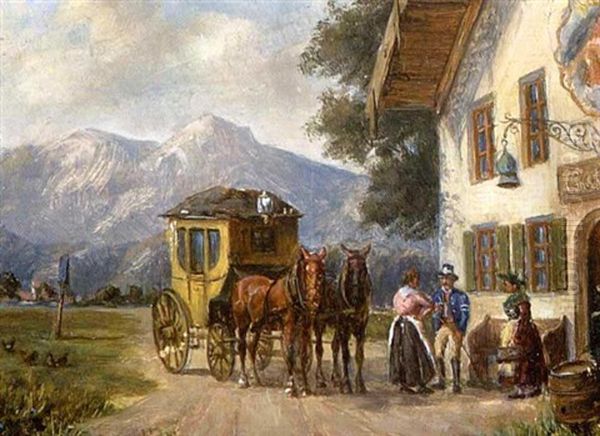 Halt Der Postkutsche Vor Dem Gasthaus Oil Painting by Ludwig Mueller-Cornelius
