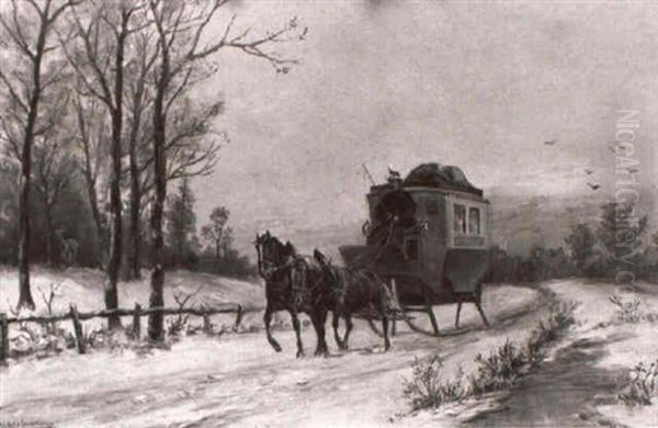 Postkutsche Auf Verschneiter Landstrase Bei Abendsonne Oil Painting by Ludwig Mueller-Cornelius