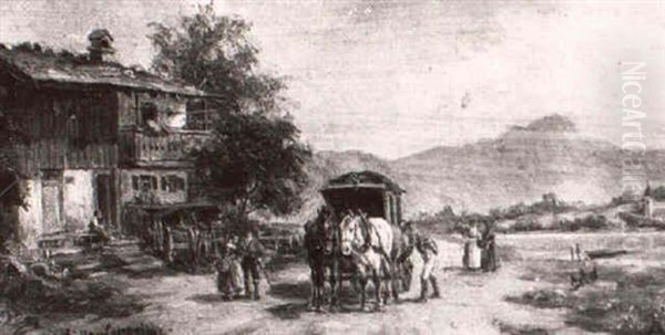 Halt Der Postkutsche Vor Dem Bauernhaus Am See Oil Painting by Ludwig Mueller-Cornelius