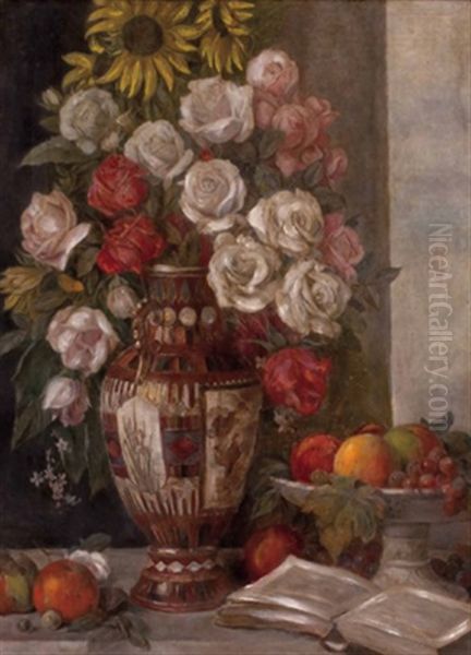 Blumenstillleben Mit Obst Und Buch Oil Painting by Victor Mueller-Garanta