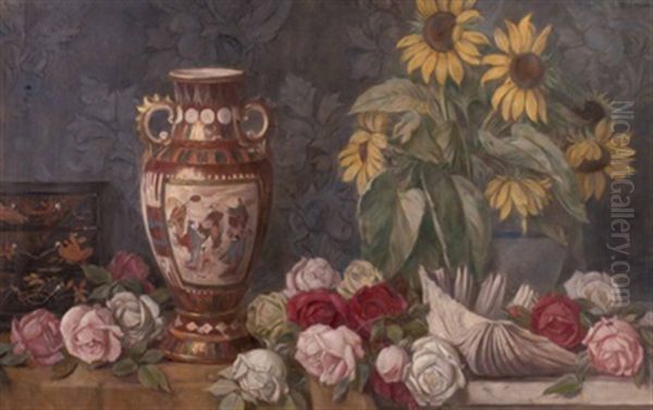 Stillleben Mit Blumen,vase, Schmuckkastchen Und Muschel Oil Painting by Victor Mueller-Garanta