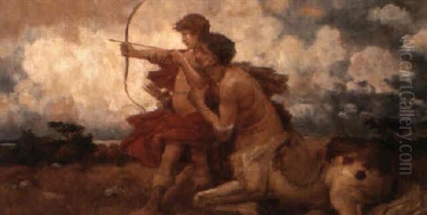 Zentaur Chiron Lehrt Den Jungen Achilles Die Jagerei Oil Painting by Victor Mueller-Garanta