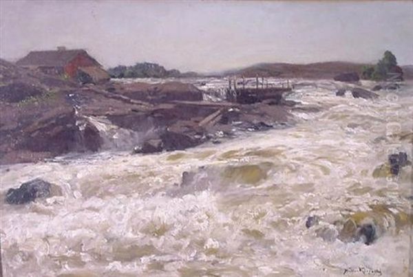 Sturzbach In Weiter, Hugeliger Landschaft Oil Painting by Konrad Alexander Mueller-Kurzwelly