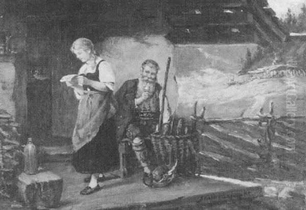 Genreszene Vor Alphutte Oil Painting by Albert Mueller-Lingke