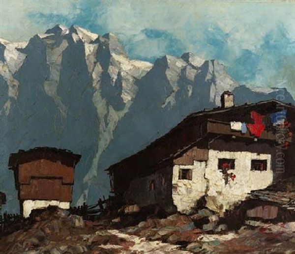 Berggehoft Vor Einem Gebirgsmassiv Oil Painting by Oskar Mulley