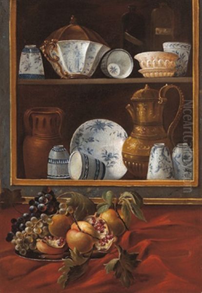 Un Piatto Di Frutta Posto Davanti Una Dispensa Quasi In Forma Di Trompel'oeil Contenente Vasellame Di Vario Tipo E Liquori, (+ Another Similar; Pair) Oil Painting by Cristoforo Munari