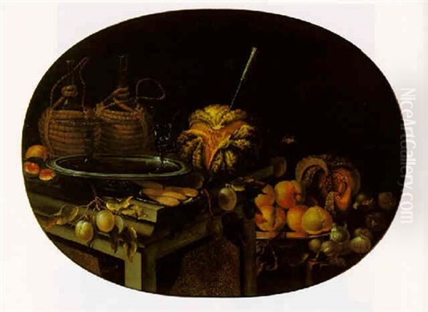 Still Life Of A Melon, Plums, A Peach, A Fig, Two Wine Caskets And Glasses On A Salver And Biscotti On A Plate, All On A Plinth Oil Painting by Cristoforo Munari