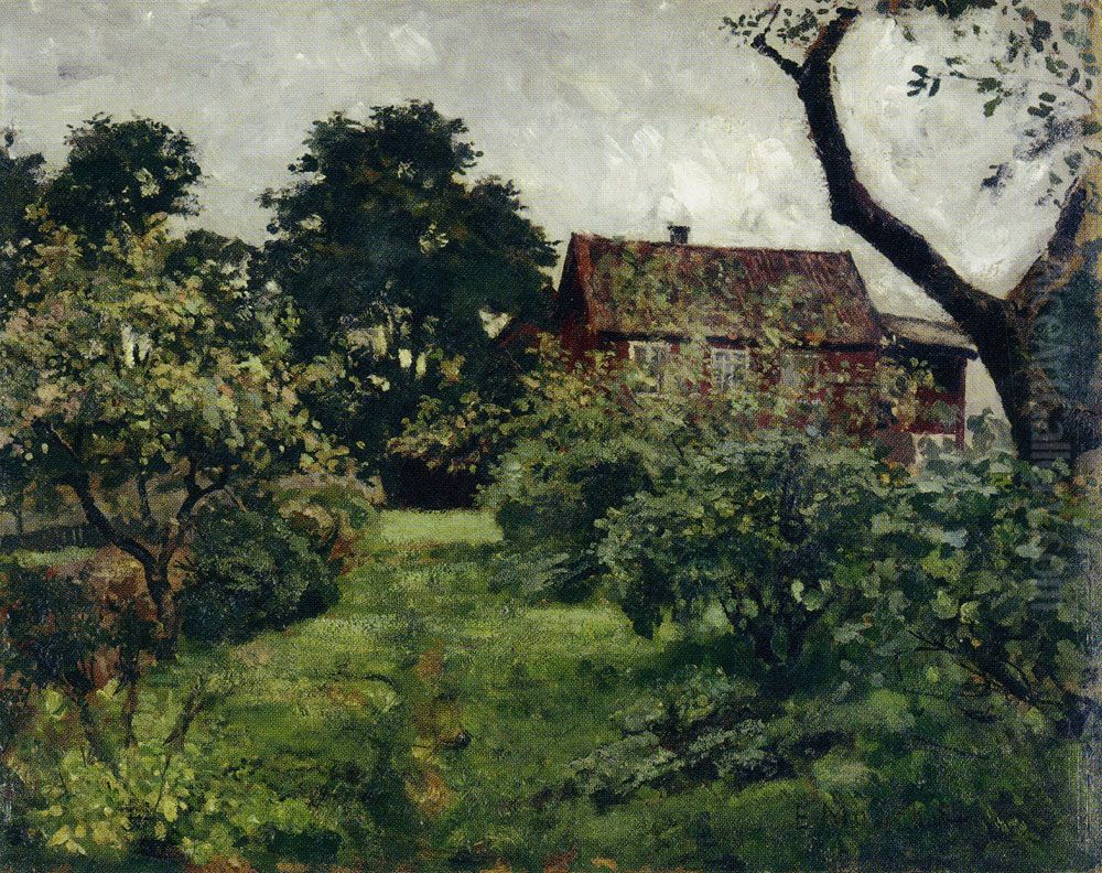 Garden With Red House Oil Painting by Edvard Munch