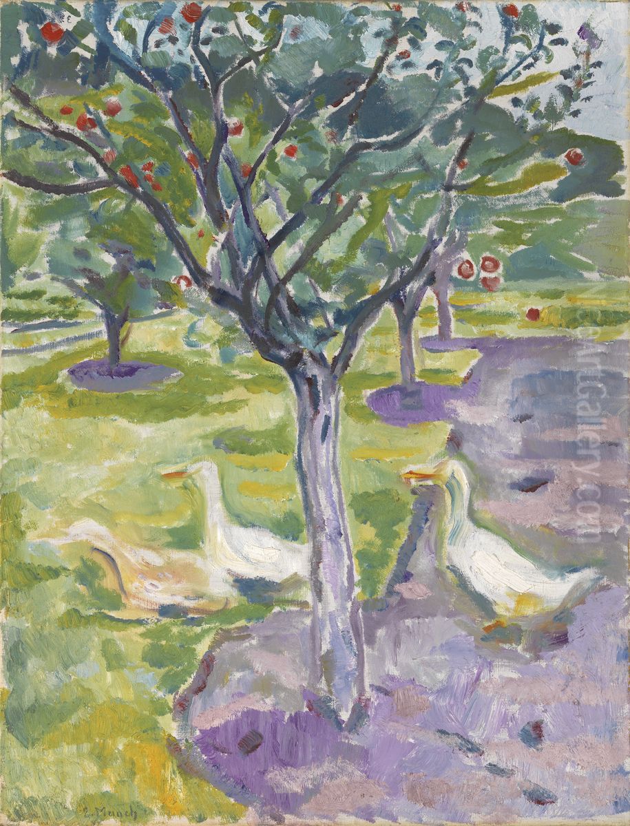 Geese In An Orchard Oil Painting by Edvard Munch