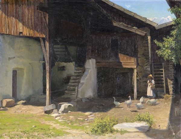 Sommerliche Idylle Auf Einem Bauernhof Oil Painting by Emilie Mundt