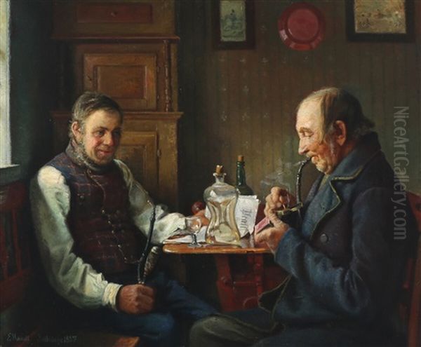 Interior With Men Smoking Pipes Oil Painting by Emilie Mundt