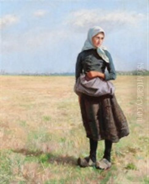 Peasant Girl In A Field, Presumably Near Hirtshals Oil Painting by Emilie Mundt