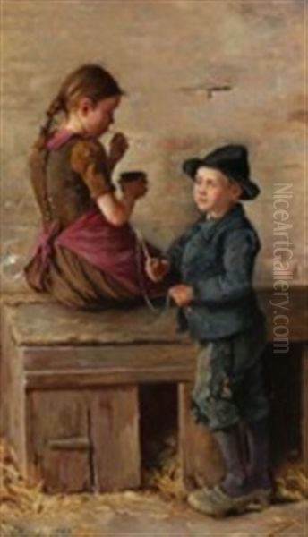 A Boy And A Girl Blowing Soap Bubbles Oil Painting by Emilie Mundt