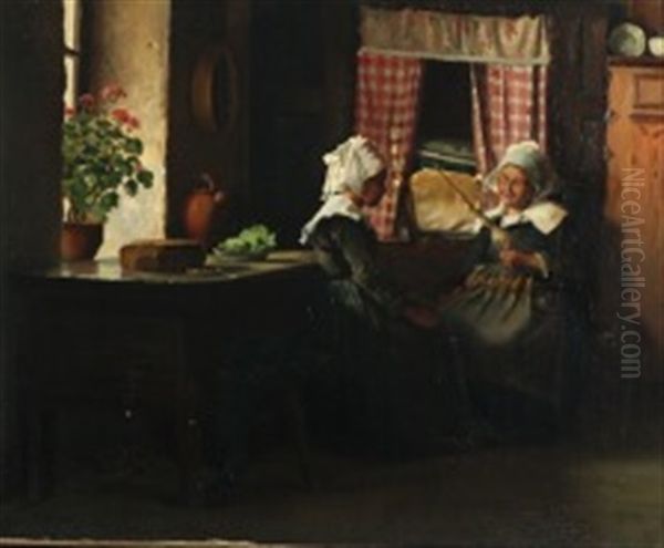 Interior With Two Women Spinning Yarn Oil Painting by Emilie Mundt