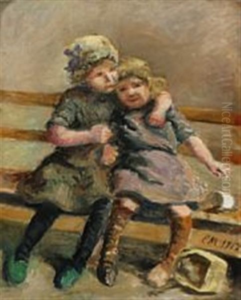 Two Girls On Bench Oil Painting by Emilie Mundt