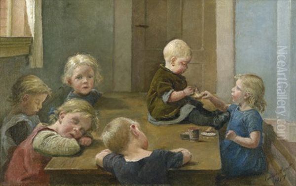 Nach Dem Mittagsmahl: Schlafende Und Essende Kinder Rund Um Einen Tisch (after Dem Mittagsmahl: Schlafende Und Essende Kinder Rund Um Einen Tisch) Oil Painting by Emilie Mundt