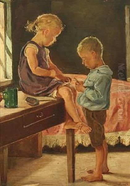 Interior With Sister And Brother Oil Painting by Emilie Mundt