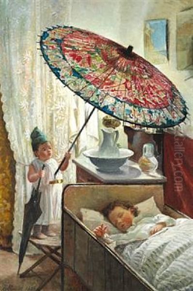 Den Lille Ole Med Paraplyen, Ham Kjender Alle Smaafolk I Byen Oil Painting by Emilie Mundt