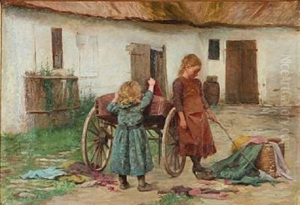 Two Girls Playing In Front Of A Farmer House Oil Painting by Emilie Mundt