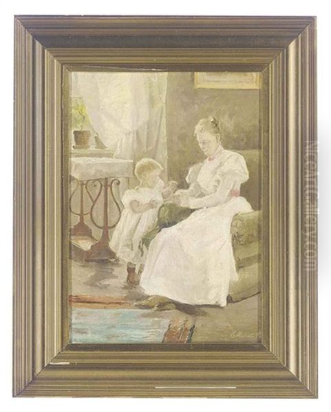 Mother And Child In An Interior Oil Painting by Emilie Mundt