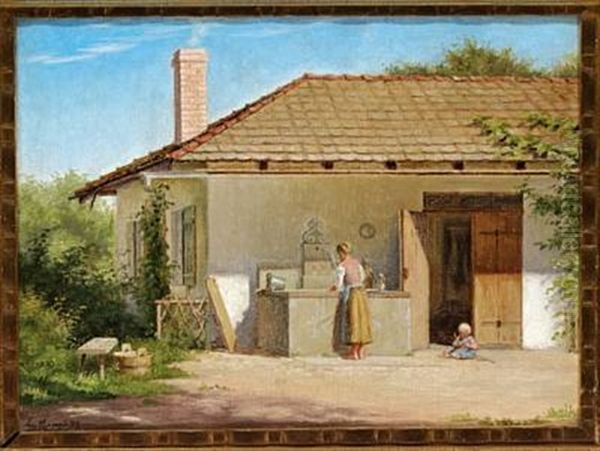 Mother And Child In Front Of A House In Southern Europe Oil Painting by Emilie Mundt