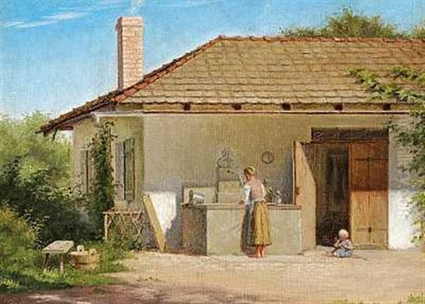 Mor Og Barn Foran Et Hus En Sommerdag Oil Painting by Emilie Mundt