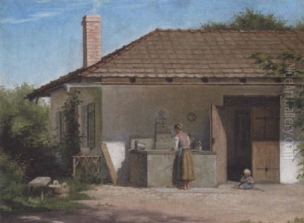 Mor Og Barn Ved En Brond Pa En Gardsplads Oil Painting by Emilie Mundt