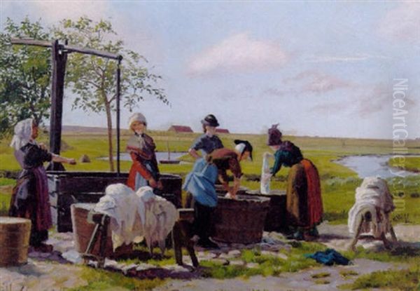 Unge Kvinder, Der Vasker Toj Ved En Brond Oil Painting by Emilie Mundt