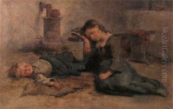 Barn Med Sovende Mor Oil Painting by Emilie Mundt