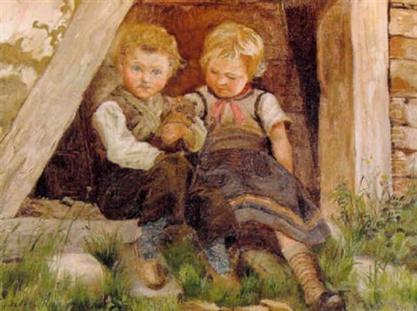 Smarollinger Med Hundehvalp Oil Painting by Emilie Mundt