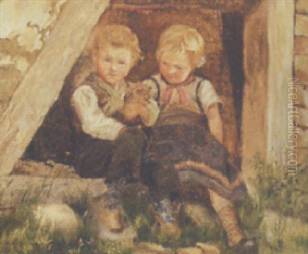 To Siddende Born Med Hundehvalp Oil Painting by Emilie Mundt