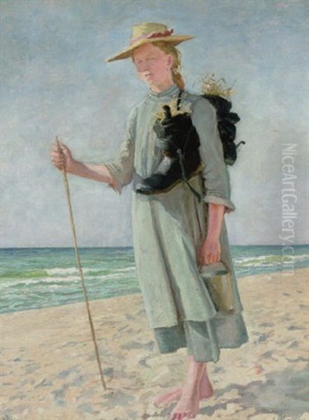Pige Gaende Langs Stranden Oil Painting by Emilie Mundt