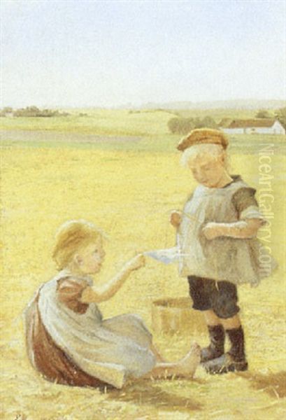 Sommerlandskab Med Legende Born Oil Painting by Emilie Mundt