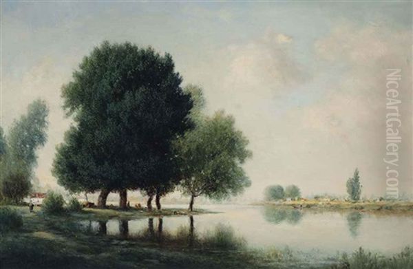 A Quiet Day On The River Oil Painting by Gilbert Davis Munger