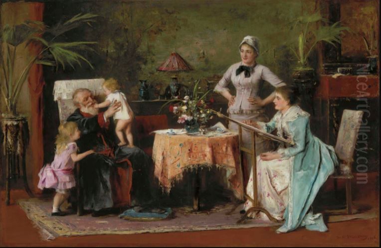 Grandfather's Name Day (nagyapo Nevnapja) Oil Painting by Mihaly Munkacsy