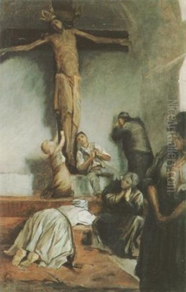 Beter Vor Dem Kruzifix Oil Painting by Mihaly Munkacsy