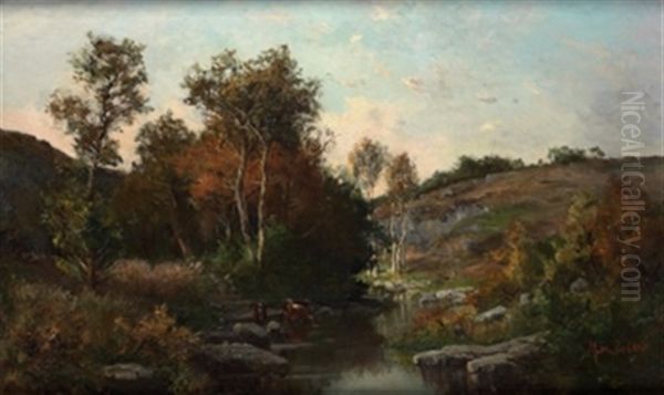 Paisaje Con Riachuelo Y Vacas Oil Painting by Antonio Munoz Degrain