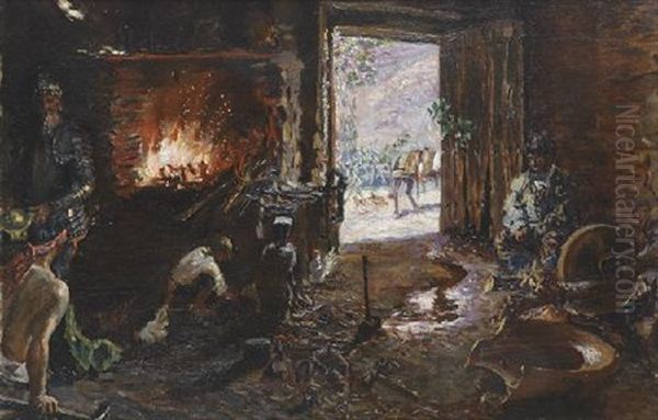 D. Quijote Y Sancho Panza En La Herreria Oil Painting by Antonio Munoz Degrain