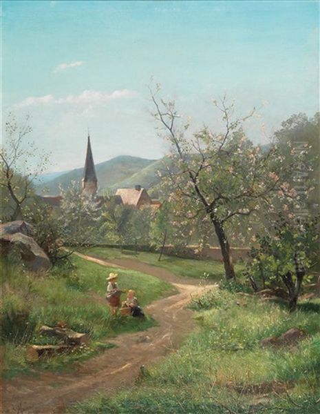 Blossoming Apricot Trees Oil Painting by Leopold Munsch