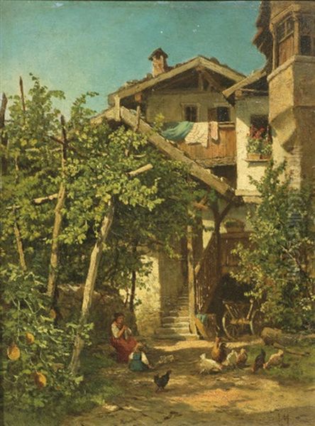 In The Farmyard On A Summers Day Oil Painting by Leopold Munsch