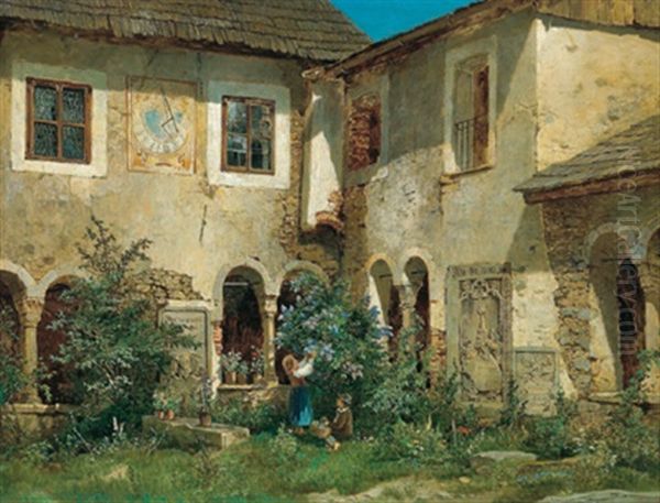 Blumenpfluckende Kinder Im Klostergarten Von Stift Millstatt(?) Oil Painting by Leopold Munsch
